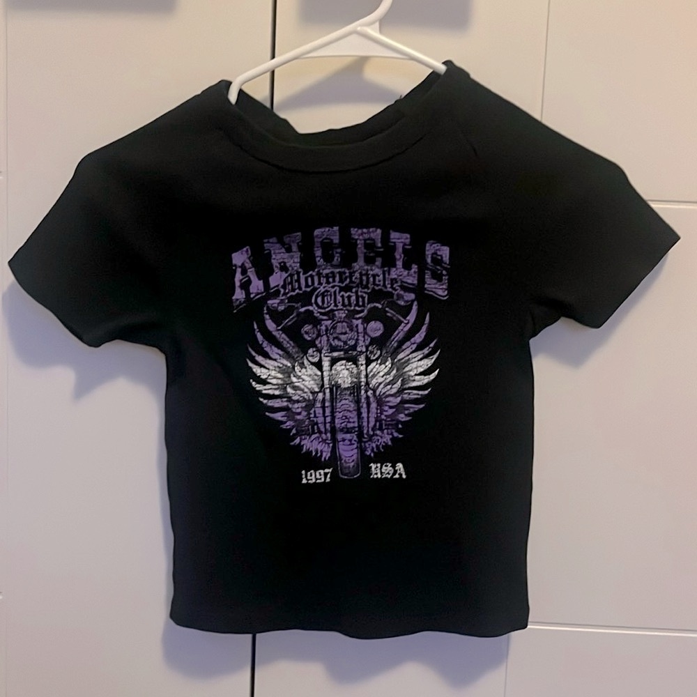 PacSun ribbed, cropped, black motorcycle graphic T shirt.